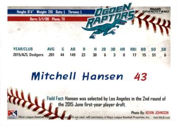 2016 Grandstand Ogden Raptors #NNO Mitchell Hansen Back