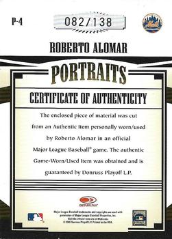 2005 Donruss Prime Patches - Portraits Jersey #P-4 Roberto Alomar Back