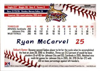 2016 Grandstand State College Spikes #23 Ryan McCarvel Back