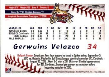 2016 Grandstand State College Spikes #33 Gerwuins Velazco Back