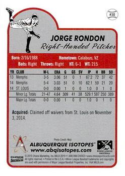 2015 Choice Albuquerque Isotopes #30 Jorge Rondon Back