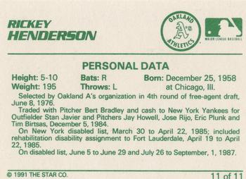 1991 Star Rickey Henderson #11 Rickey Henderson Back