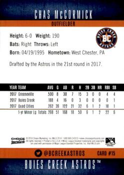 2018 Choice Buies Creek Astros #15 Chas McCormick Back