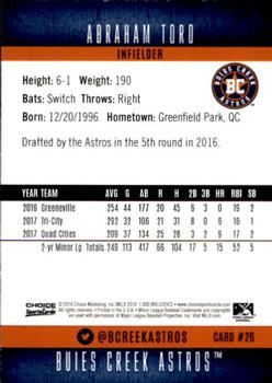 2018 Choice Buies Creek Astros #26 Abraham Toro Back