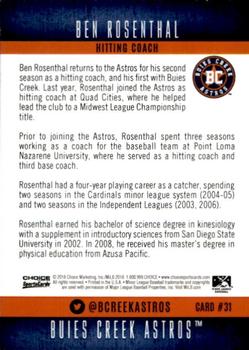 2018 Choice Buies Creek Astros #31 Ben Rosenthal Back