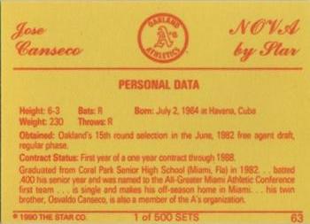 1990 Star Nova #63 Jose Canseco Back