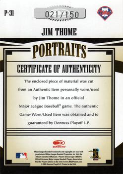 2005 Donruss Prime Patches - Portraits Team Logo Patch #P-31 Jim Thome Back