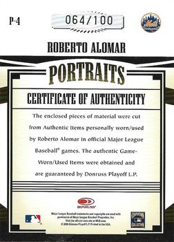 2005 Donruss Prime Patches - Portraits Triple Swatch Prime #P-4 Roberto Alomar Back