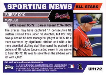 2005 Topps Updates & Highlights #UH172 Bobby Cox Back