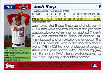 2005 Topps Washington Nationals Commemorative Set #13 Josh Karp Back