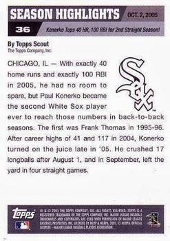2005 Topps World Series Commemorative Set #36 SH Konerko tops 40 HR, 100 RBI For 2nd straight season! Back