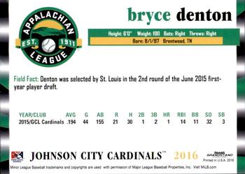 2016 Grandstand Appalachian League Top Prospects #10 Bryce Denton Back