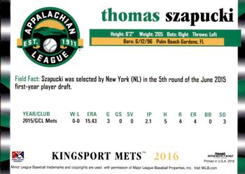 2016 Grandstand Appalachian League Top Prospects #27 Thomas Szapucki Back