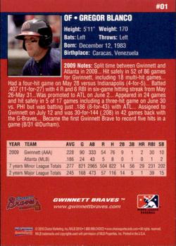 2010 Choice Gwinnett Braves #1 Gregor Blanco Back