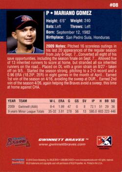 2010 Choice Gwinnett Braves #8 Mariano Gomez Back