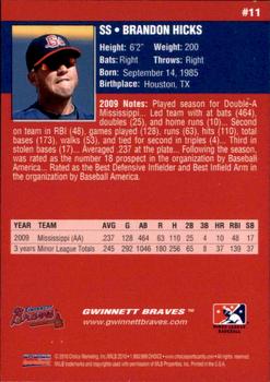 2010 Choice Gwinnett Braves #11 Brandon Hicks Back