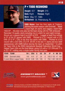2010 Choice Gwinnett Braves #19 Todd Redmond Back