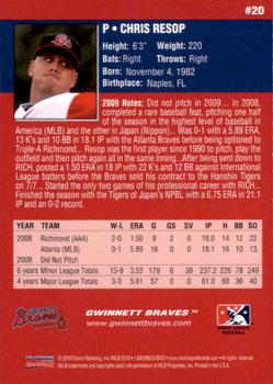 2010 Choice Gwinnett Braves #20 Chris Resop Back