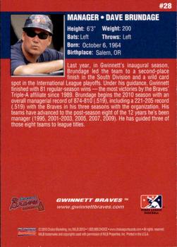 2010 Choice Gwinnett Braves #28 Dave Brundage Back