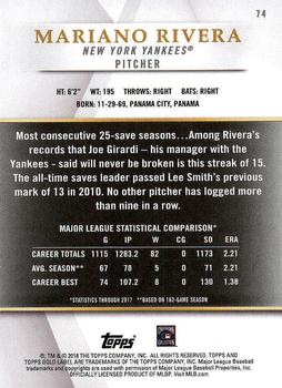 2018 Topps Gold Label - Class 2 #74 Mariano Rivera Back