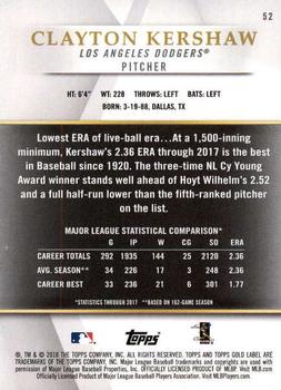 2018 Topps Gold Label - Class 3 #52 Clayton Kershaw Back