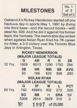 1991 Legends Milestones (unlicensed) #1 Rickey Henderson / Nolan Ryan Back