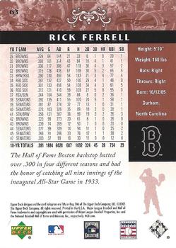 2005 Upper Deck Hall of Fame #63 Rick Ferrell Back