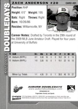 2010 Choice Auburn Doubledays #1 Zach Anderson Back