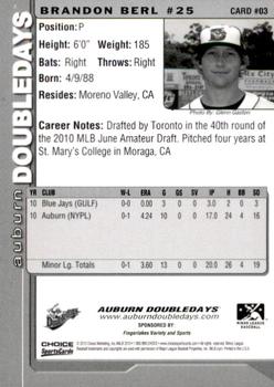 2010 Choice Auburn Doubledays #3 Brandon Berl Back