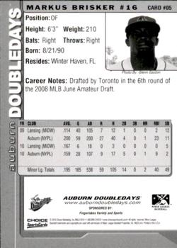 2010 Choice Auburn Doubledays #5 Markus Brisker Back