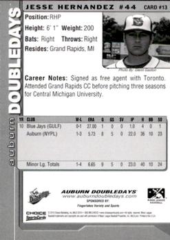 2010 Choice Auburn Doubledays #13 Jesse Hernandez Back