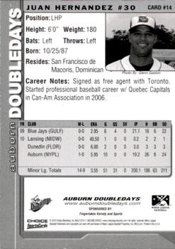 2010 Choice Auburn Doubledays #14 Juan Hernandez Back