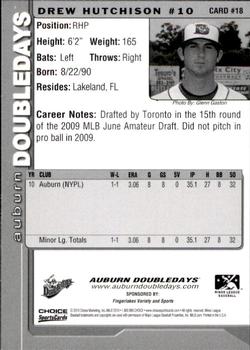 2010 Choice Auburn Doubledays #18 Drew Hutchison Back