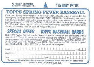 1987 Topps Stickers Hard Back Test Issue #2 / 175 Roger Clemens / Gary Pettis Back