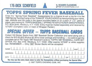 1987 Topps Stickers Hard Back Test Issue #3 / 176 Roger Clemens / Dick Schofield Back