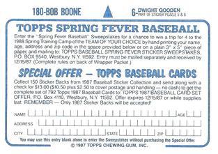 1987 Topps Stickers Hard Back Test Issue #6 / 180 Dwight Gooden / Bob Boone Back