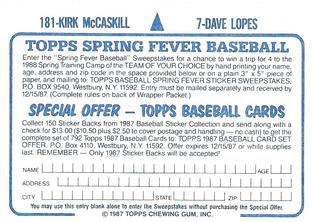 1987 Topps Stickers Hard Back Test Issue #7 / 181 Dave Lopes / Kirk McCaskill Back