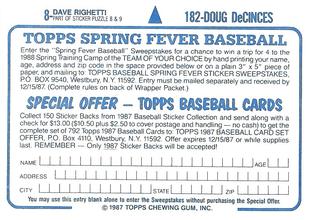 1987 Topps Stickers Hard Back Test Issue #8 / 182 Dave Righetti / Doug DeCinces Back