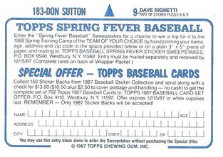 1987 Topps Stickers Hard Back Test Issue #9 / 183 Dave Righetti / Don Sutton Back