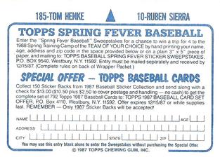 1987 Topps Stickers Hard Back Test Issue #10 / 185 Ruben Sierra / Tom Henke Back