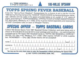 1987 Topps Stickers Hard Back Test Issue #11 / 186 Todd Worrell / Willie Upshaw Back