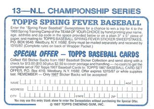1987 Topps Stickers Hard Back Test Issue #13 N.L. Championship Series Back