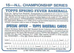 1987 Topps Stickers Hard Back Test Issue #15 N.L. Championship Series Back