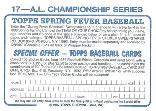 1987 Topps Stickers Hard Back Test Issue #17 A.L. Championship Series Back