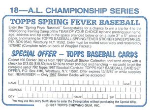 1987 Topps Stickers Hard Back Test Issue #18 A.L. Championship Series Back
