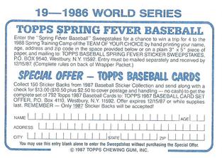1987 Topps Stickers Hard Back Test Issue #19 1986 World Series Back