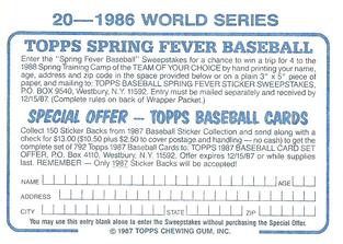 1987 Topps Stickers Hard Back Test Issue #20 1986 World Series Back