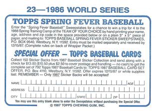 1987 Topps Stickers Hard Back Test Issue #23 1986 World Series Back