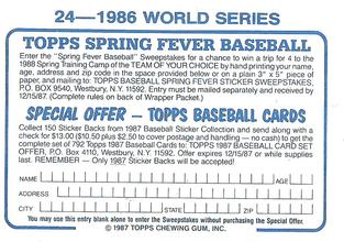 1987 Topps Stickers Hard Back Test Issue #24 1986 World Series Back