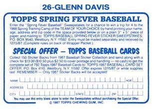 1987 Topps Stickers Hard Back Test Issue #26 Glenn Davis Back